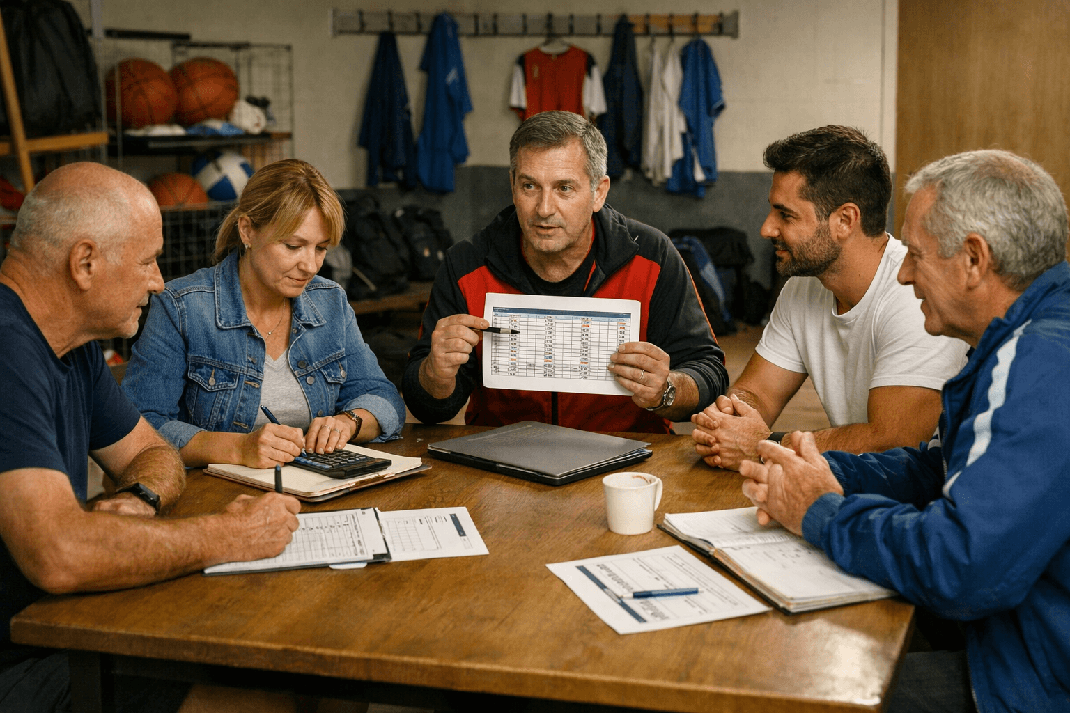 Réunion de responsables associatifs autour d'une table avec des documents financiers