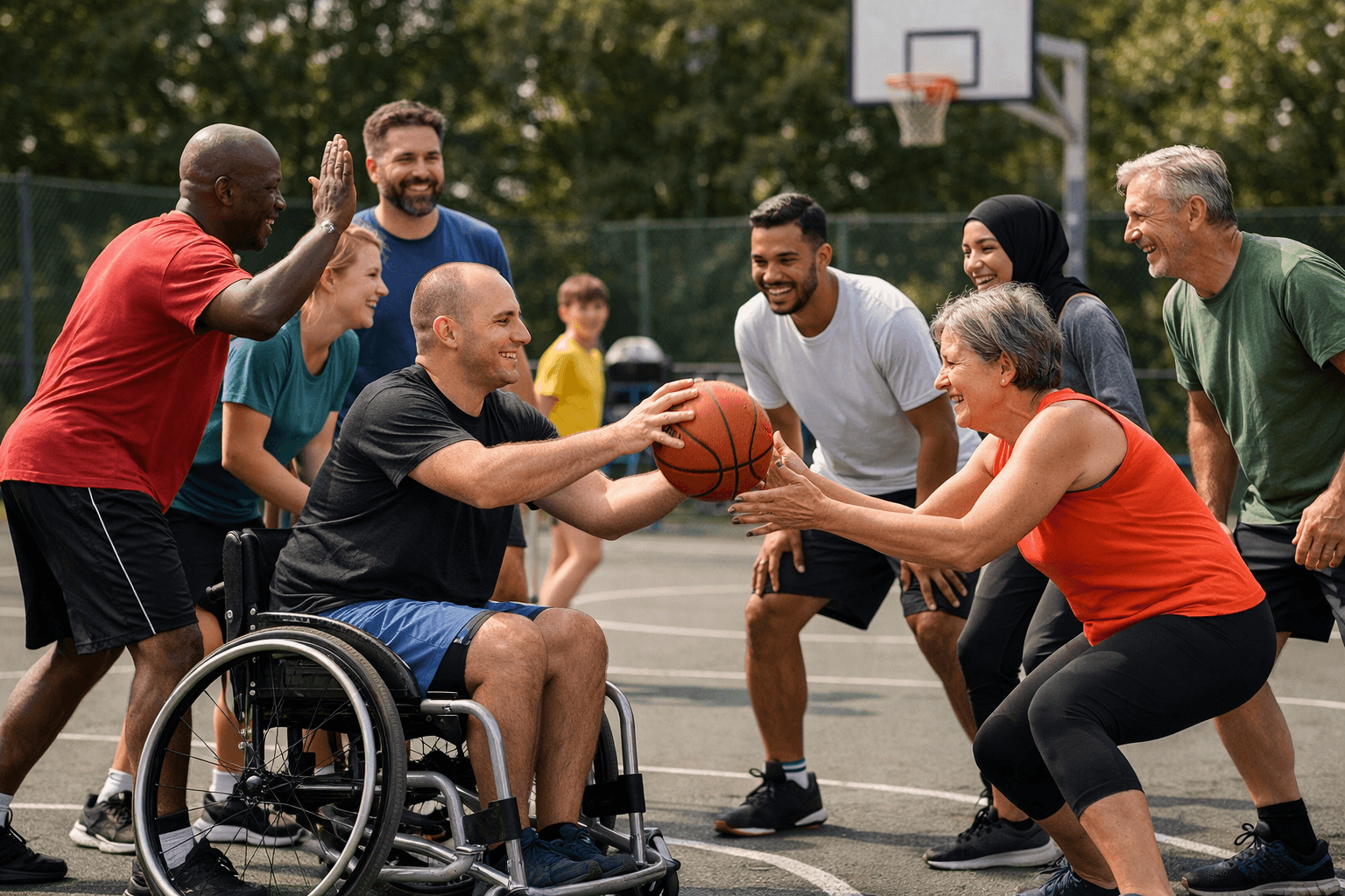 Groupe diversifié jouant au basket ensemble, illustrant l'impact social du sport