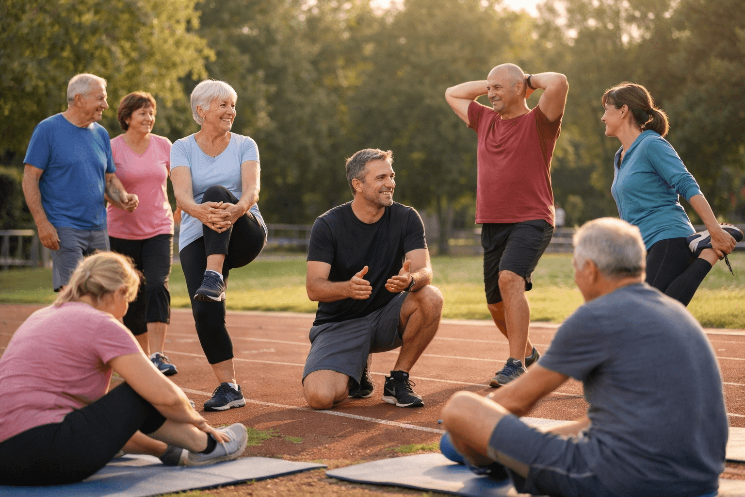 Groupe de seniors pratiquant des exercices d'étirement en extérieur